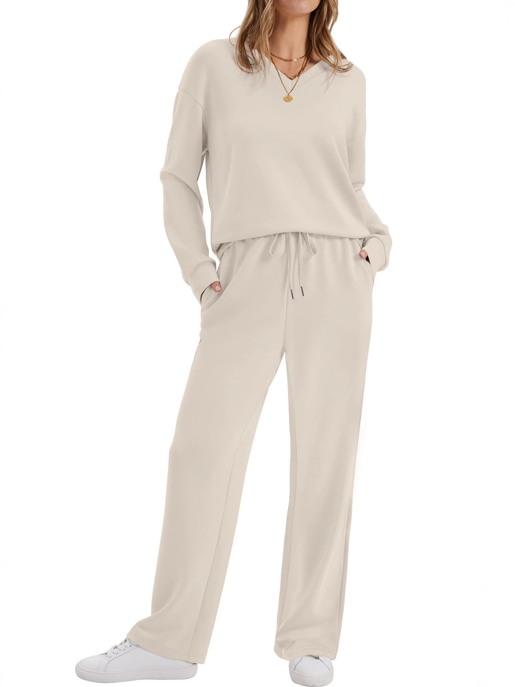 Womens Long-Sleeve Drawstring Casual Pants Set by Ricaloux