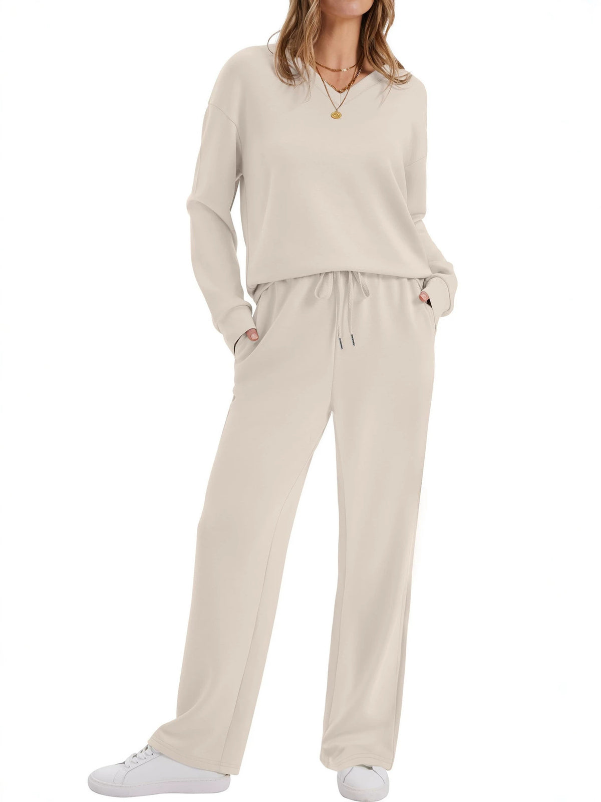 Womens Long-Sleeve Drawstring Casual Pants Set by Ricaloux