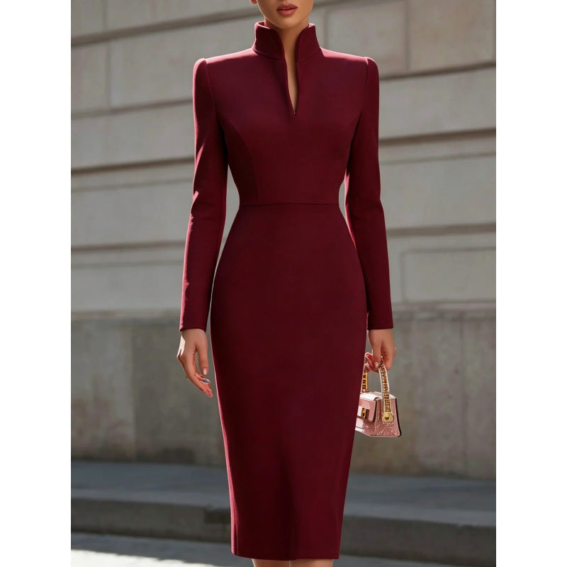 Elegant Solid Color Stand Collar Long Sleeve Dress – Premium 0 | RICALOUX