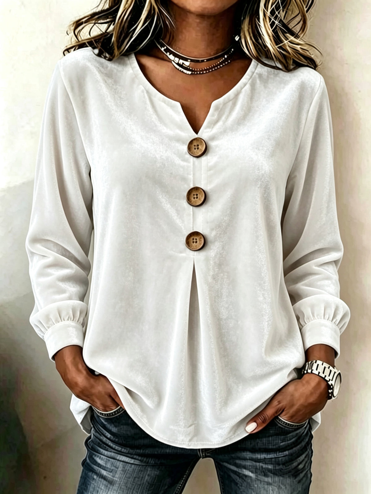 Elegant V-neck Buttoned Long-sleeve Velvet Blouse For Women by Ricaloux