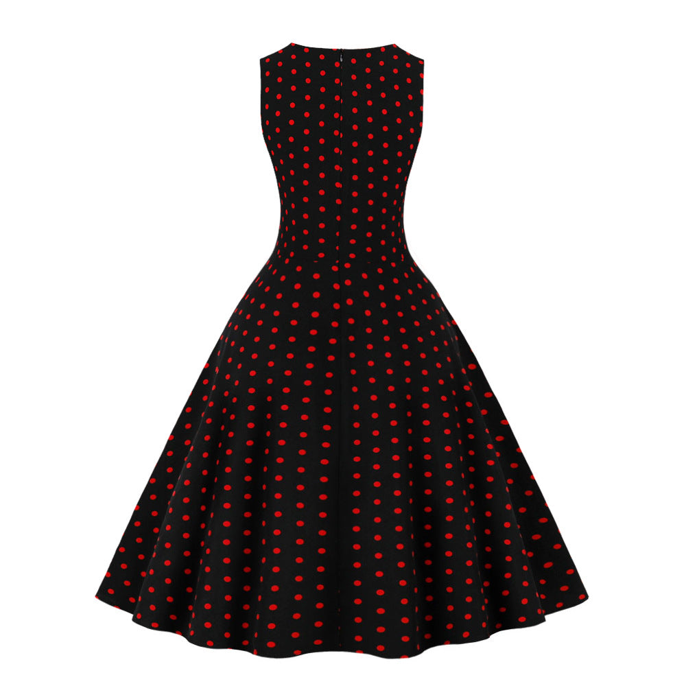 Retro Summer Round-neck Sleeveless A-line Dress With A Small Polka-dot Print And A Slim Fit by Ricaloux