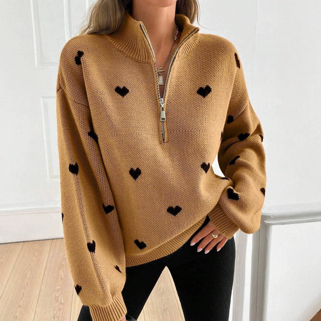 Womens Knitted Long-sleeve Sweater With A Heart-pattern Zipper – Premium 0 | RICALOUX