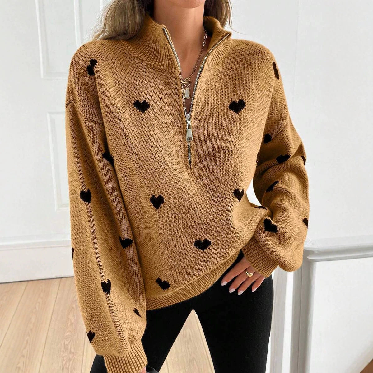 Womens Knitted Long-sleeve Sweater With A Heart-pattern Zipper – Premium 0 | RICALOUX