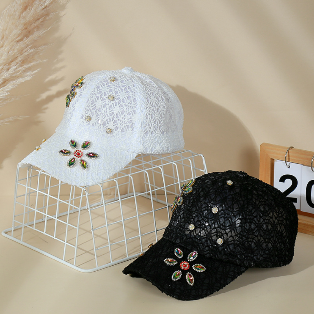 Lady's Lace-textured Colored Diamond Flower-pattern Breathable Versatile Fashionable Baseball Cap Suitable For Banquets, Outings, Daily Shopping by Ricaloux