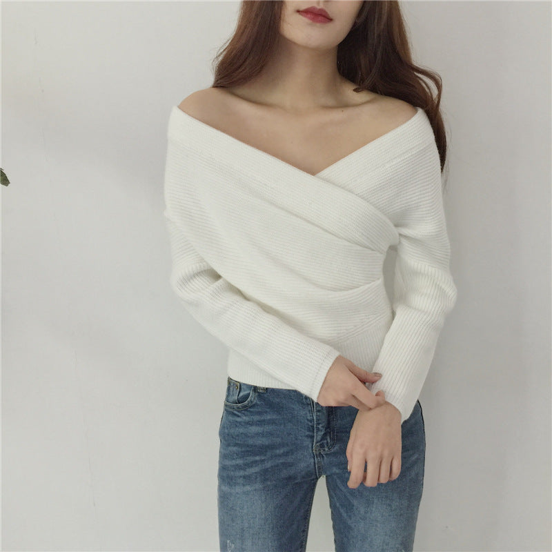 Womens Slim-Fit Knitted Sweater With A Cross V-Neck by Ricaloux