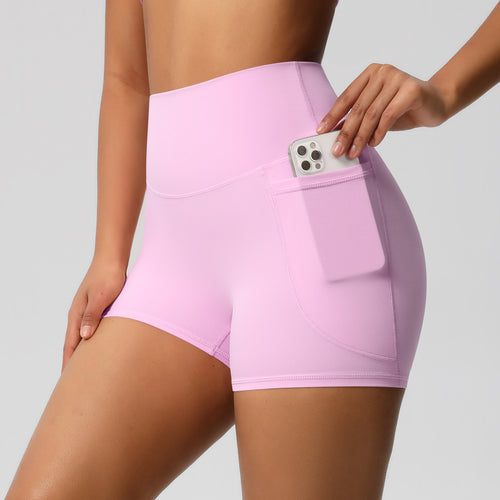 Brushed Solid Color Pocket High Waist Tight High Elastic Yoga Shorts by Ricaloux