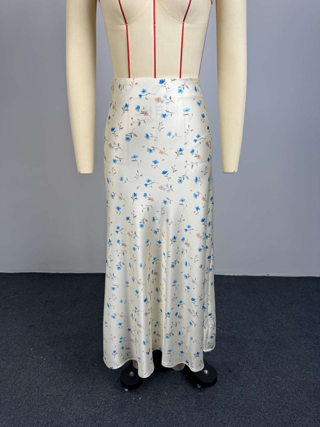 Base Ditsy Floral Print High Waist Satin Mermaid Midi Slip Skirt by Ricaloux