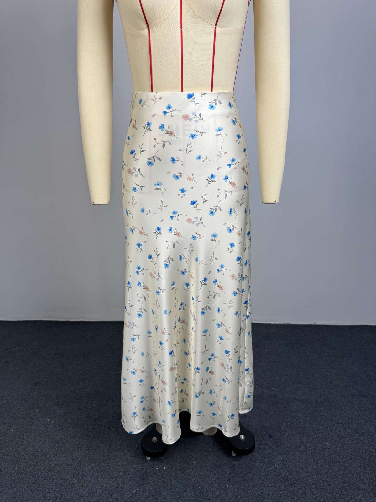 Base Ditsy Floral Print High Waist Satin Mermaid Midi Slip Skirt by Ricaloux