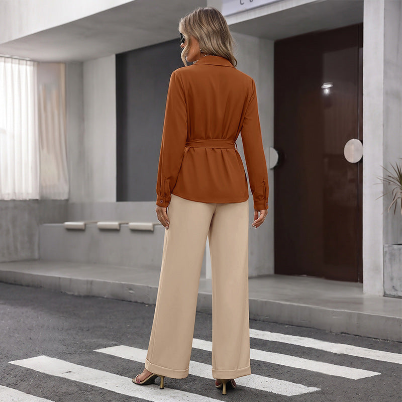 Womens SolidColor DefinedWaist Pants Set For FallWinter by Ricaloux