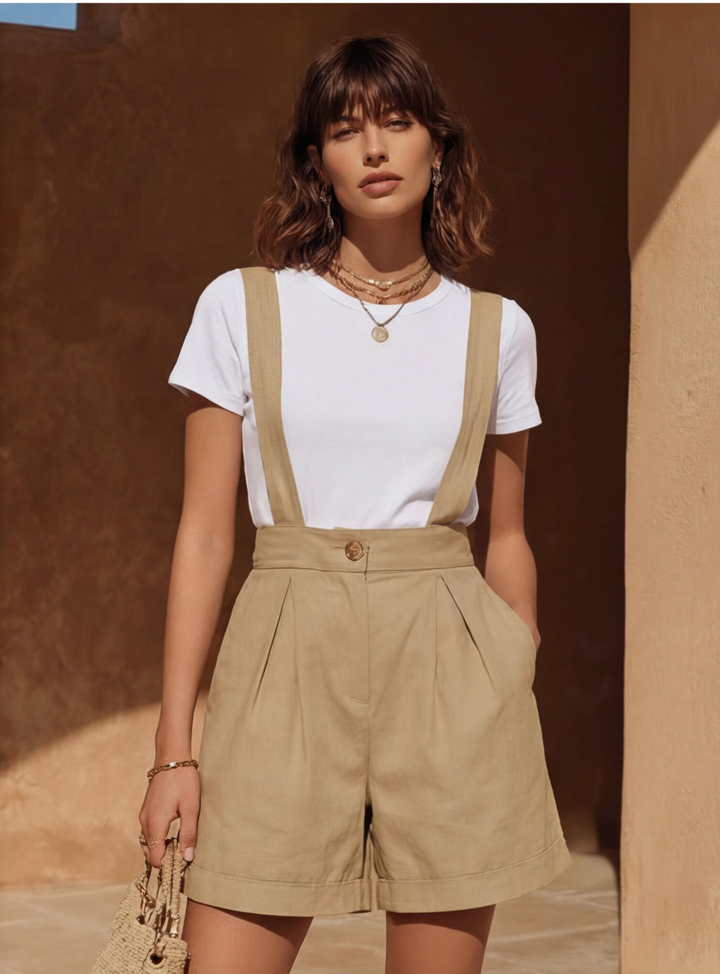 Womens Solid-Color Bohemian-Style Chic Suspender Shorts For Vacation by Ricaloux