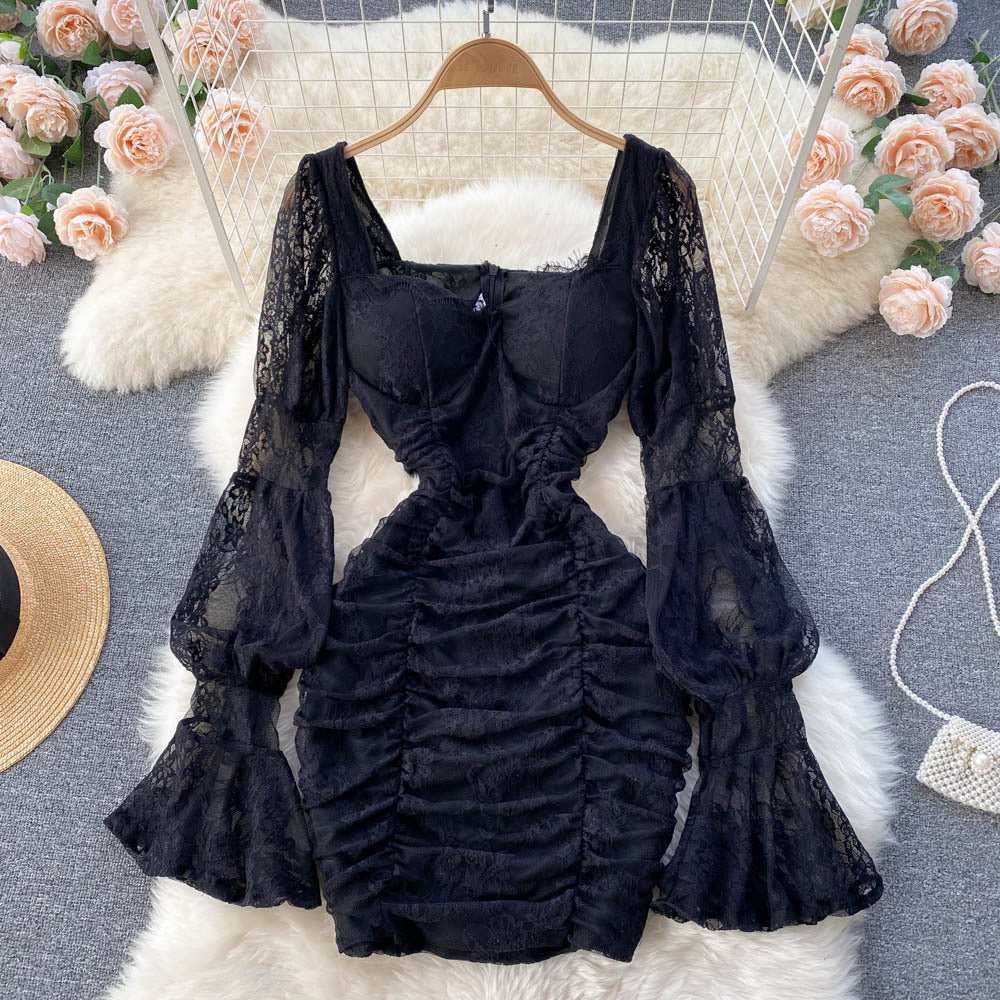 Women's Temperament Square Neck Lace Perspective Lantern Sleeve Waist Bag Hip Dress - RICALOUX