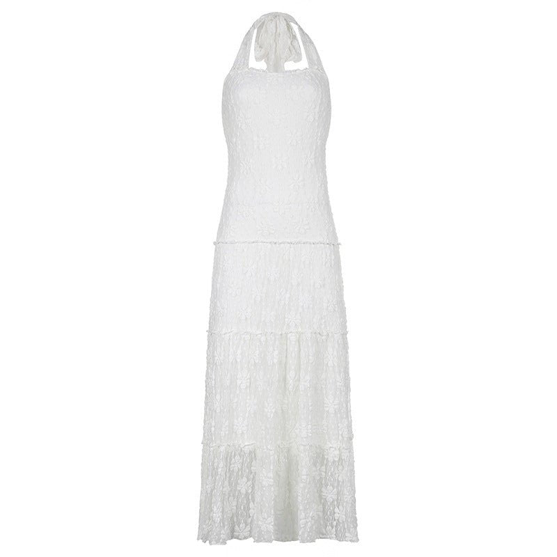 Temperament Pure Color Lace Stitching Sleeveless Halter Backless Lace-up Dress - RICALOUX