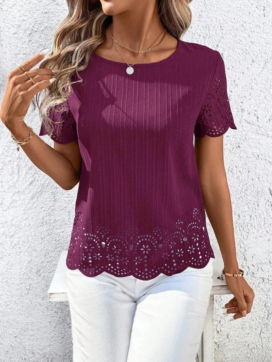 European And American Plus Size Womens Round Neck Hollow Out Short Sleeve Top With Burned Out Floral Design – Premium 0 | RICALOUX