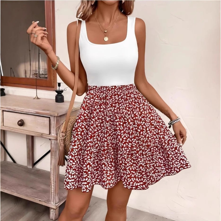 Floral-print A-line Dress With A Floral Pattern And A Vest Design by Ricaloux
