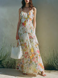 Summer Dress With A Long Bow Floral Print And Layered Chiffon by Ricaloux
