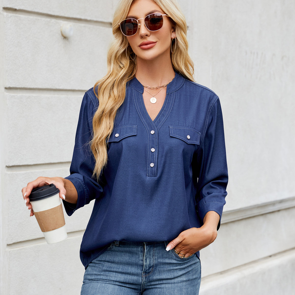 Casual Loose-fit Faux Denim Long Shirt by Ricaloux
