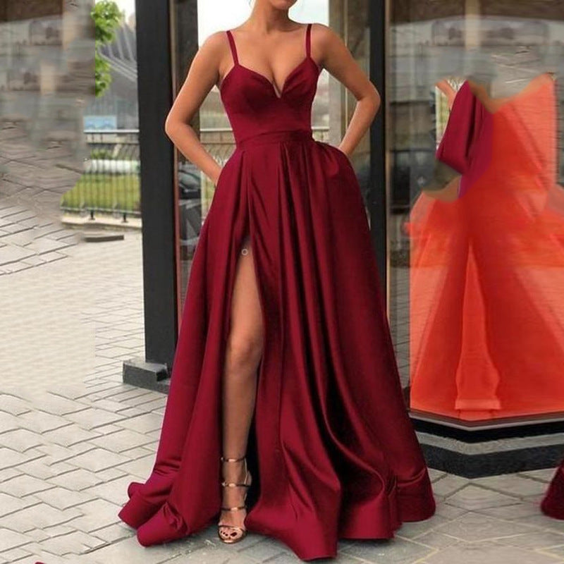 Slimming Color Slip Dress With A Trailing Satin Evening Gown For Banquets by Ricaloux
