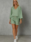 Womens Loose-fit V-neck Long-sleeve Shorts Set by Ricaloux