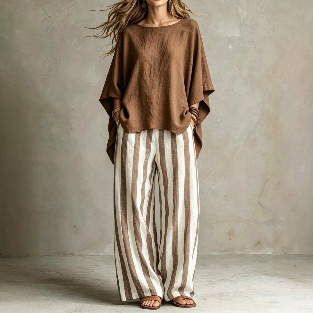 Womens Striped Pants And Cotton-Linen Top Set With Batwing Sleeves – Premium 0 | RICALOUX