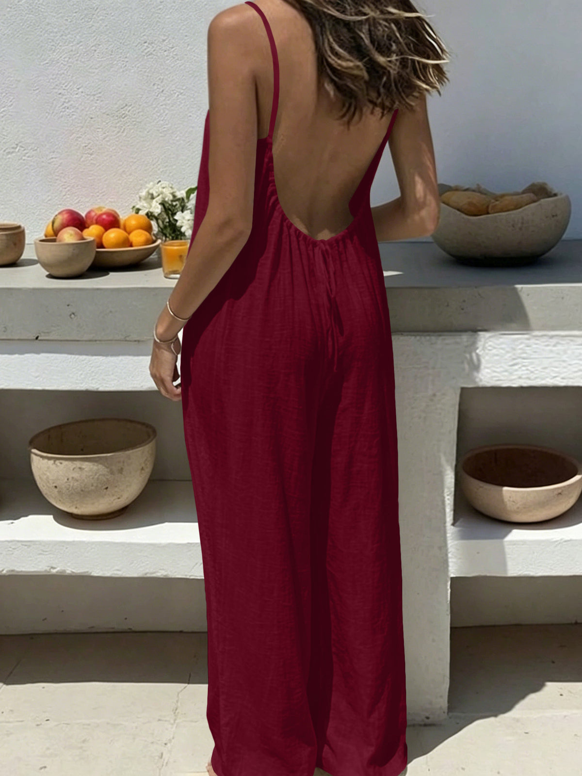 Womens Backless Drawstring Loose Strap Wide-leg Jumpsuit by Ricaloux