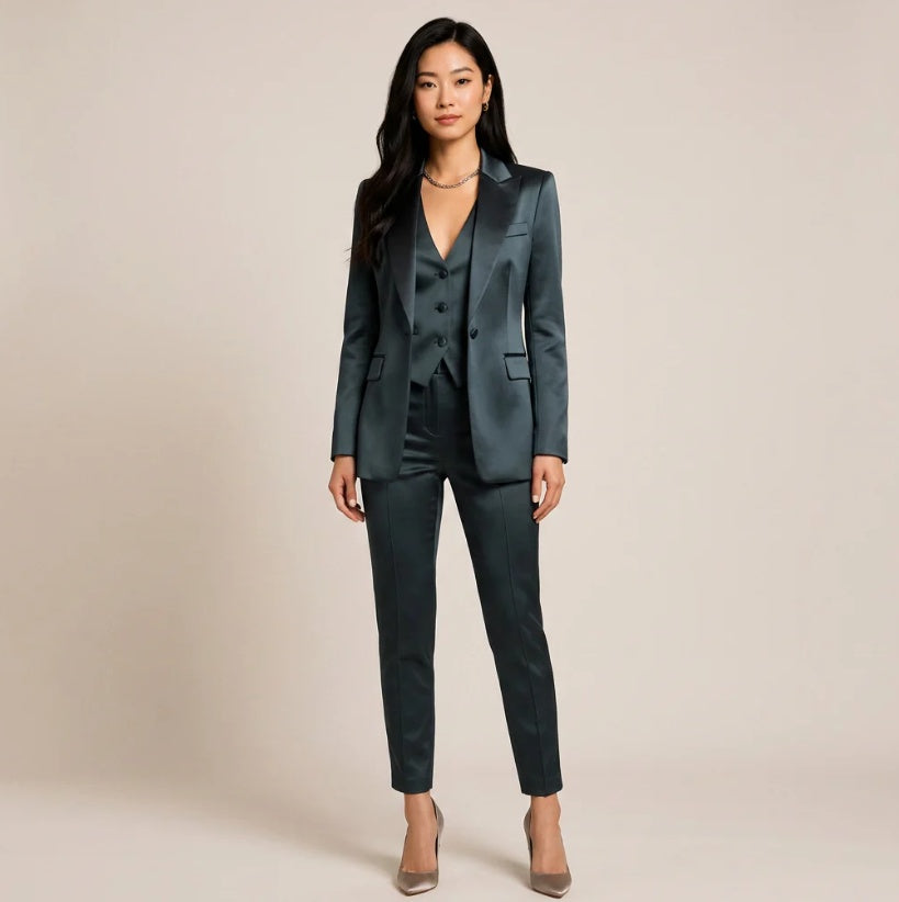 Classic Solid-color Satin Three-piece Set-vest&blazer& Straight-leg Trousers – Premium 4 | RICALOUX