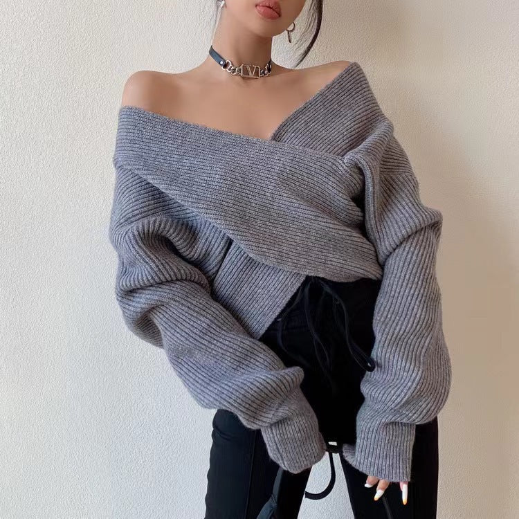 V-neck Solid-color Off-shoulder Knit Pullover For Women – Premium 0 | RICALOUX