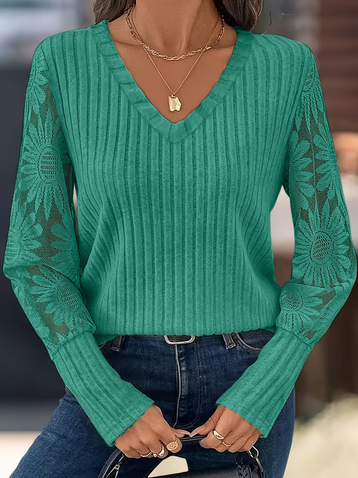 Knitted Patchwork Lace Long-sleeved Top by Ricaloux