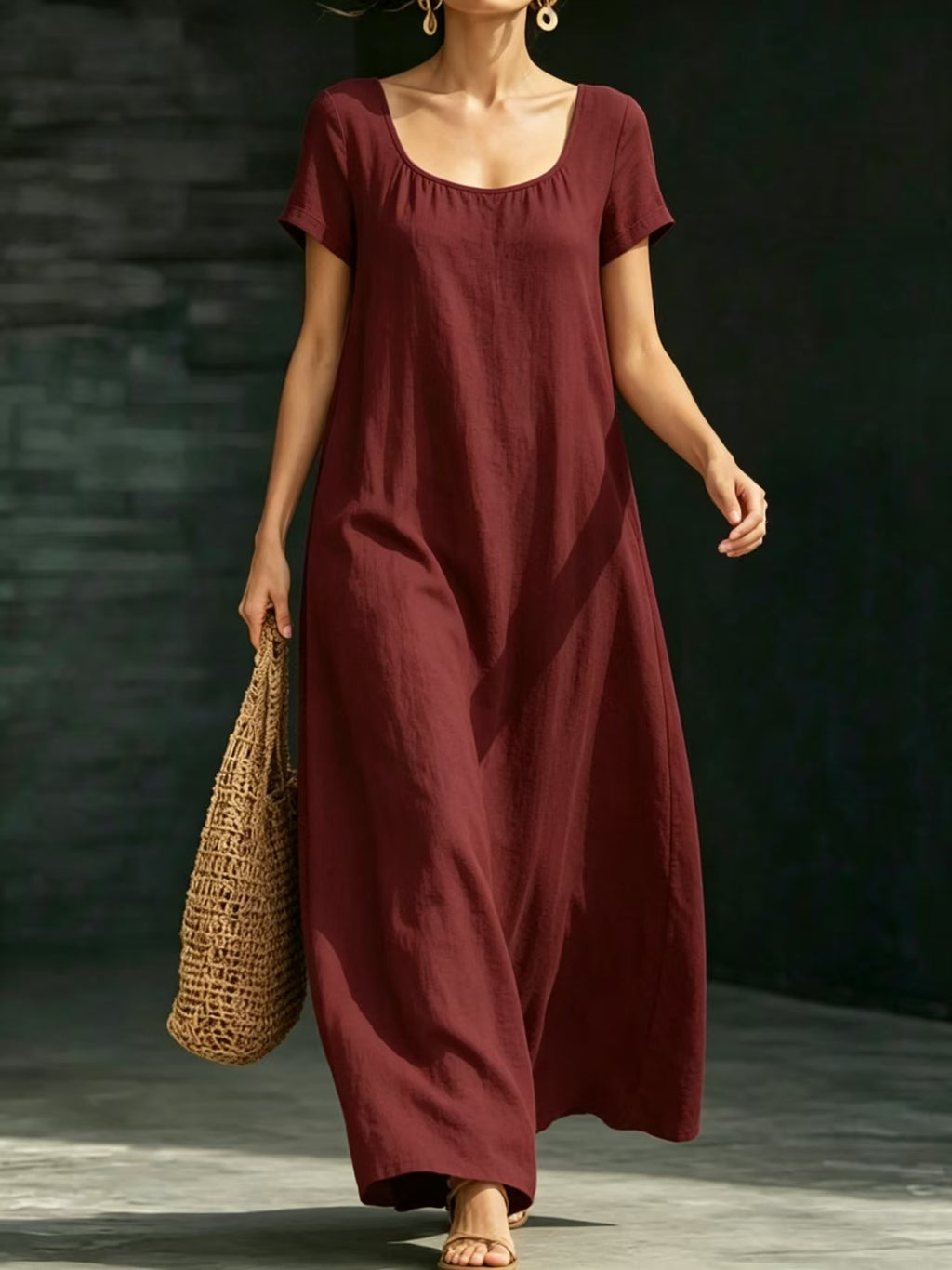 Summer Dress U-neck Short-sleeve Loose Casual Pure Color Full-skirted Long Dress by Ricaloux