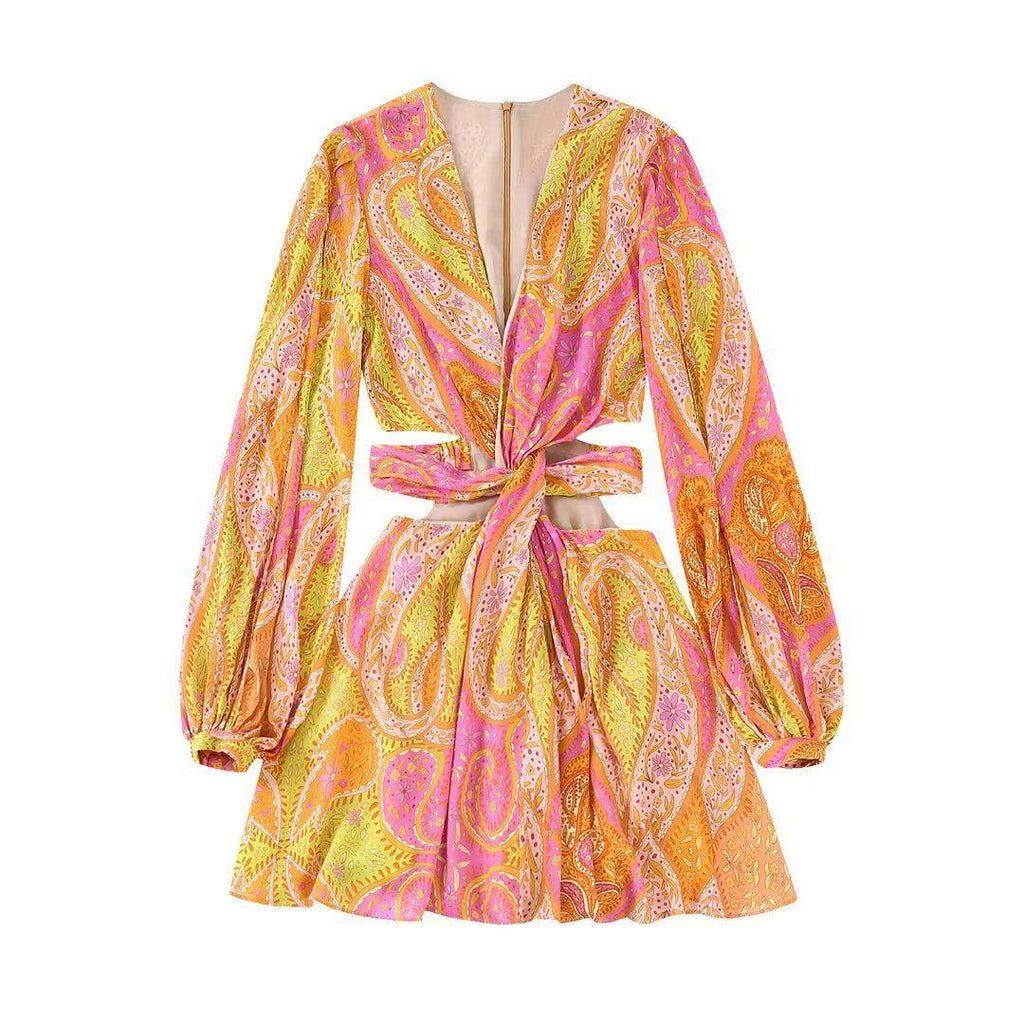 Womens Vintage V-Neck Pistachio-Print Chiffon Dress by Ricaloux