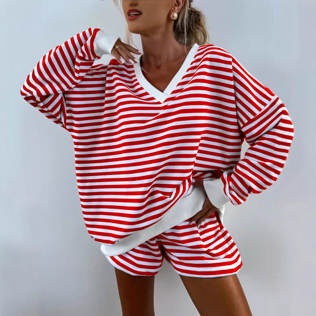 Womens Striped V-Neck T-Shirt And Shorts Set – Premium 0 | RICALOUX