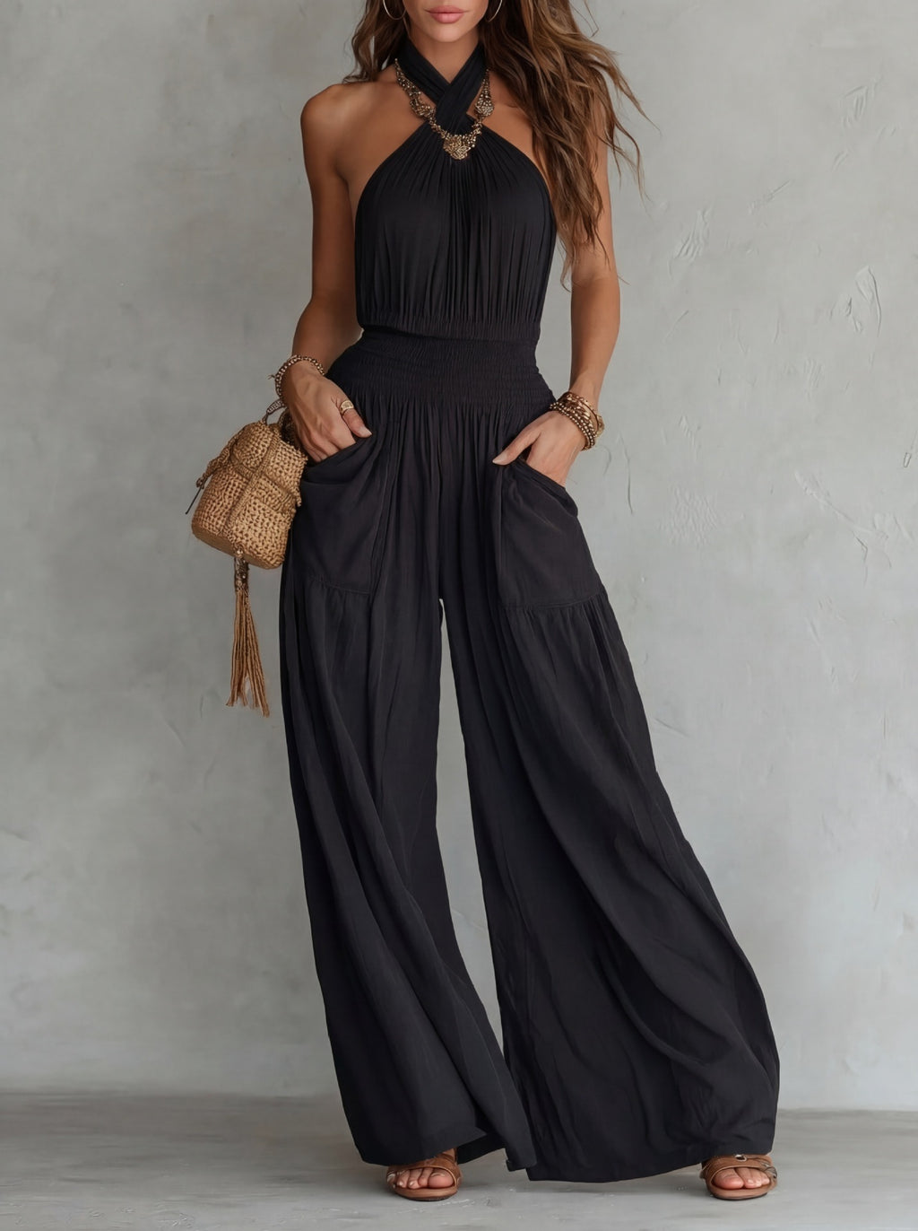 Womens Slim-fit Backless Sleeveless Wide-leg Jumpsuit – Premium 0 | RICALOUX