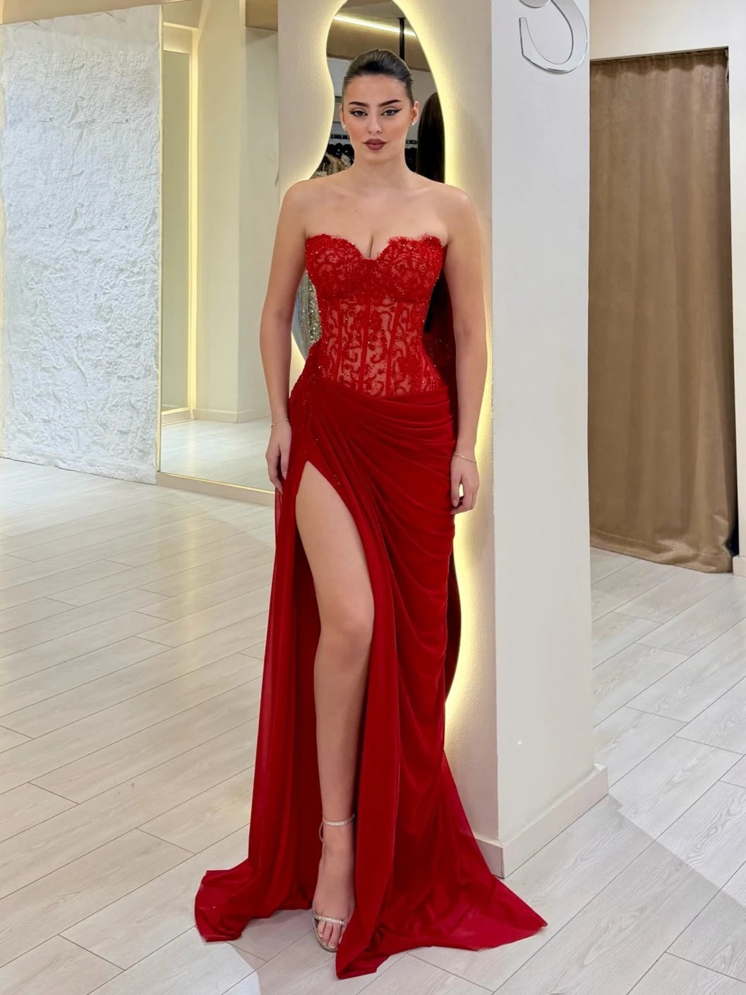 Red Lace Corset Strapless Slit Train Maxi Dress | Sexy Y2K Evening Gown – Premium 4 | RICALOUX