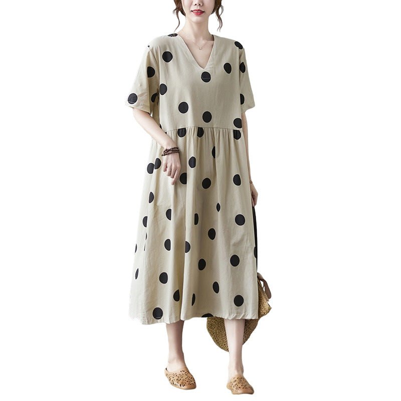 Loose-paneled Cotton And Linen V-neck Short-sleeved Dress - RICALOUX