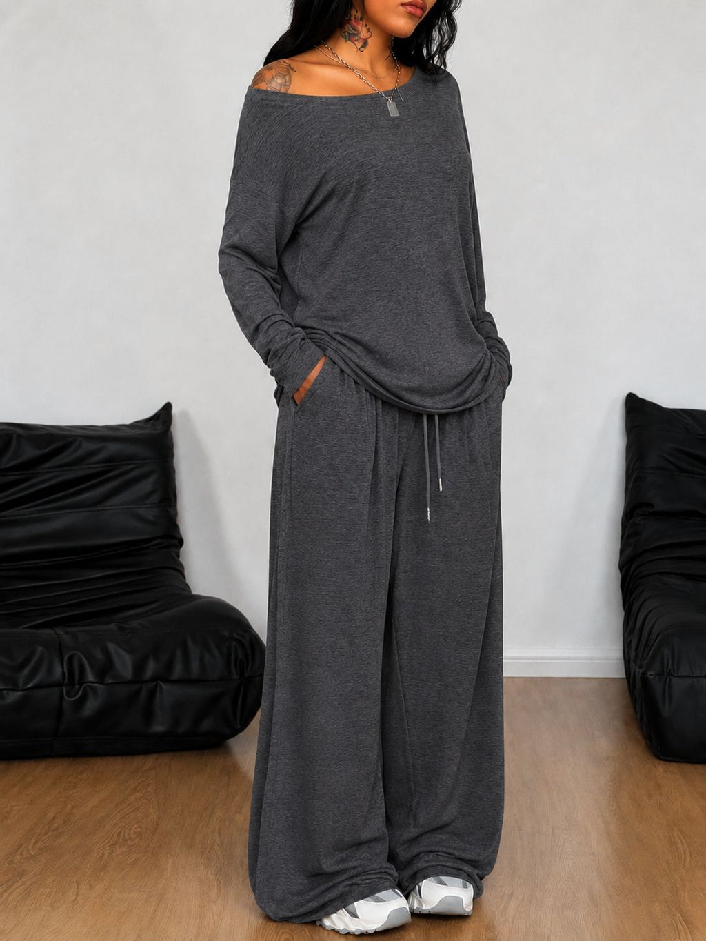 Womens Casual Loose-Fit Off-Shoulder Wide-Leg Pants Set – Premium 0 | RICALOUX