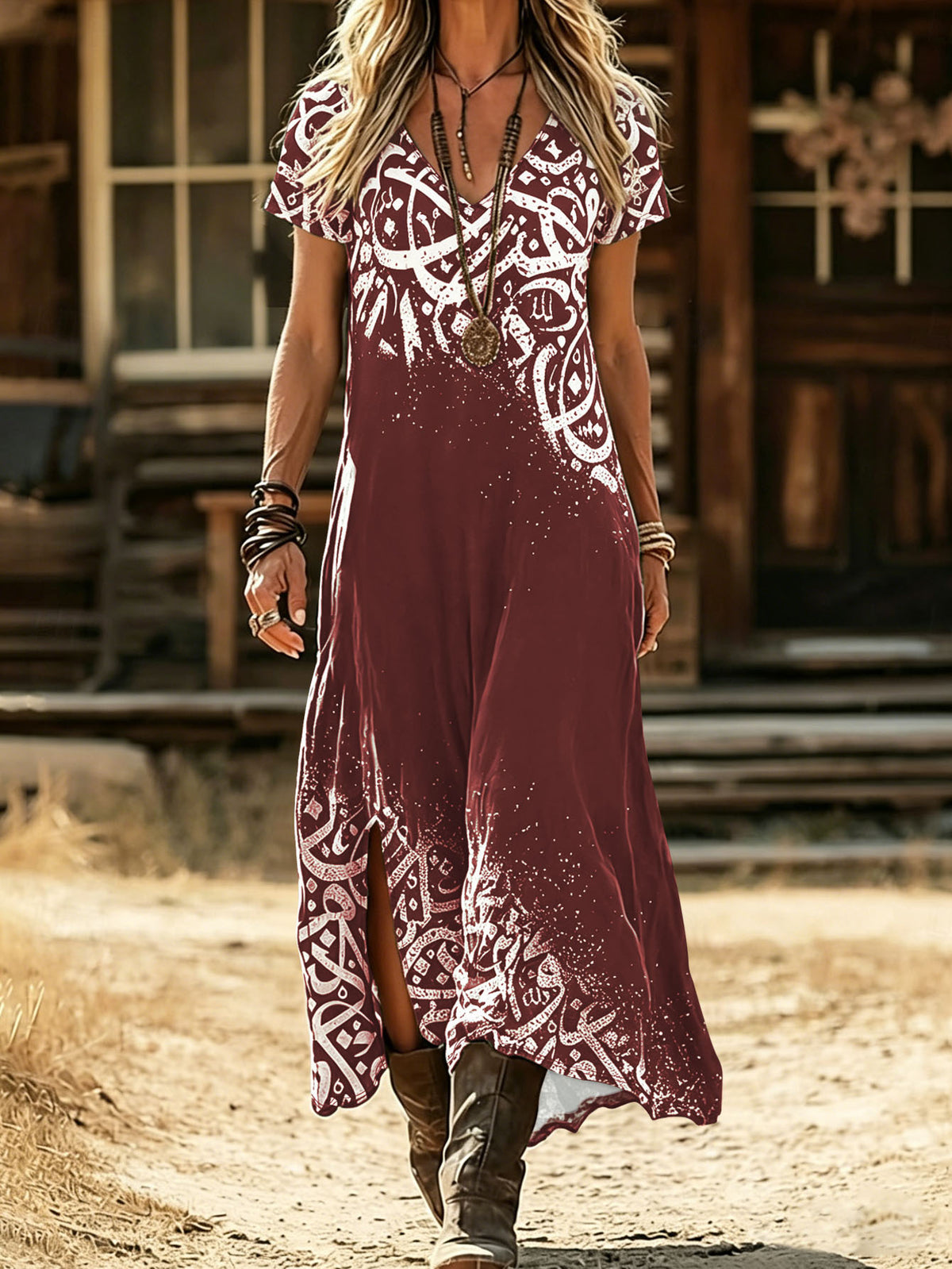Women's V-Neck Short Sleeve Bohemian Print Split Hem Maxi Dress Casual Loose Long Dress For Vacation – Premium 4 | RICALOUX