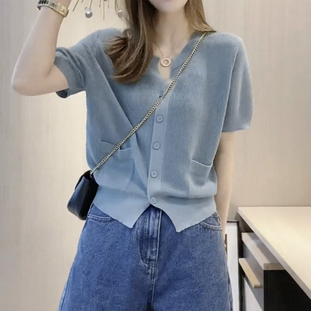 Womens Round-neck Blue Ice-silk Knitted T-shirt Top by Ricaloux