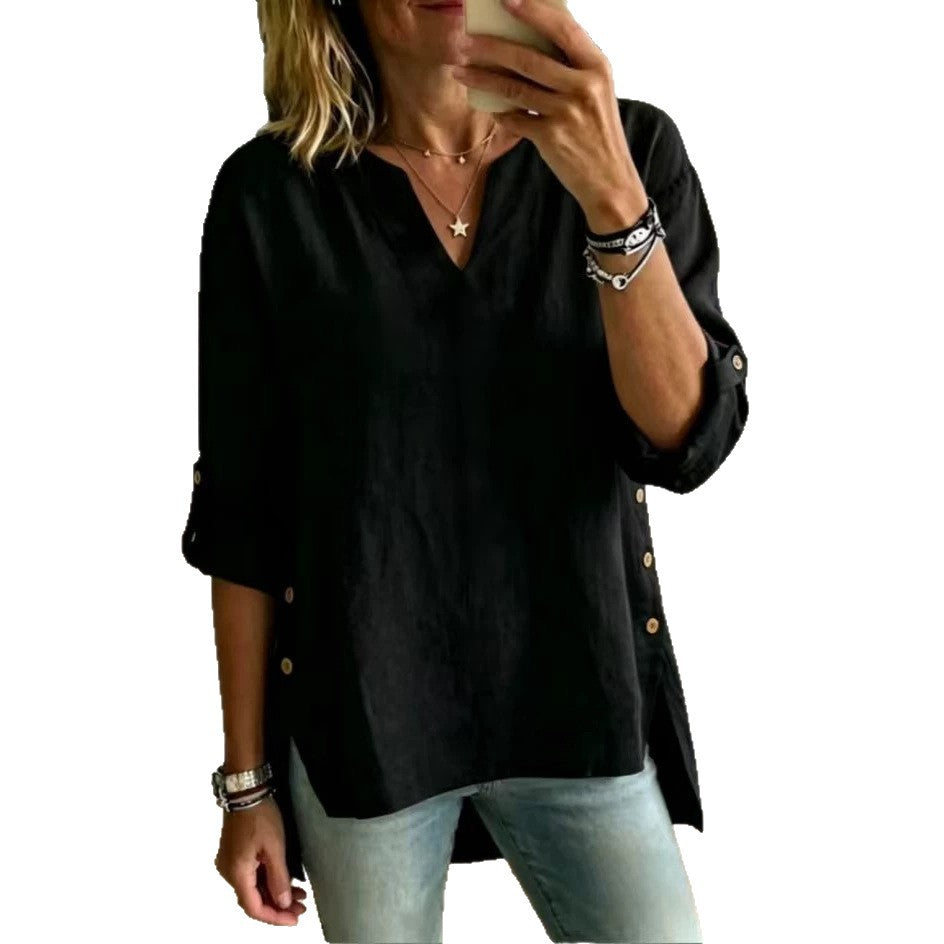 Loose Casual V-neck Three-quarter-sleeve T-shirt For Women by Ricaloux