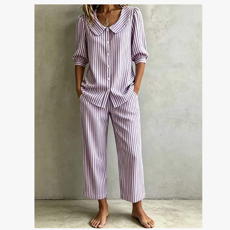 New Design Linen Striped Loose-fitting Shirt Set by Ricaloux