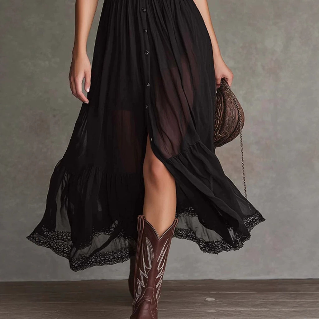 Fitted-waist Ruffled-edge Chic Dark-style V-neck Blouse And Slit Maxi Skirt – Premium 0 | RICALOUX