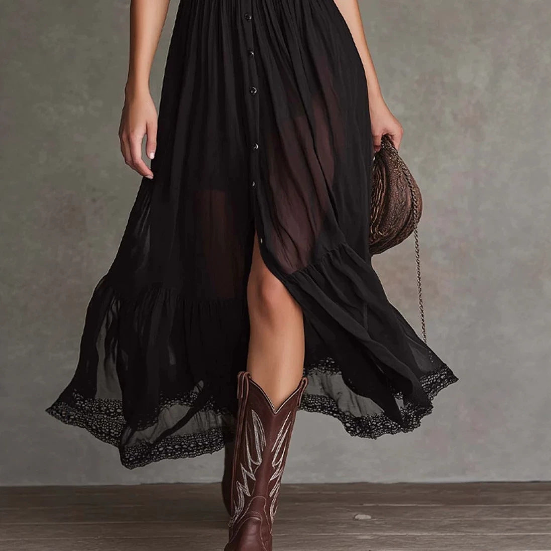 Fitted-waist Ruffled-edge Chic Dark-style V-neck Blouse And Slit Maxi Skirt – Premium 0 | RICALOUX