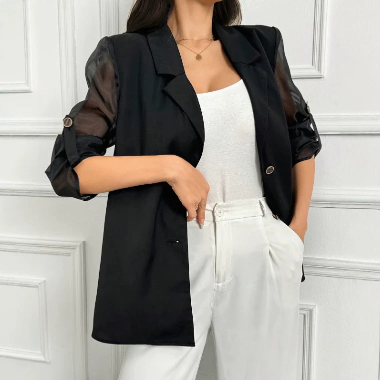 Fashionable Solid-color Suit With Rolled-up Sleeves Mesh Paneling And A Sheer Back by Ricaloux