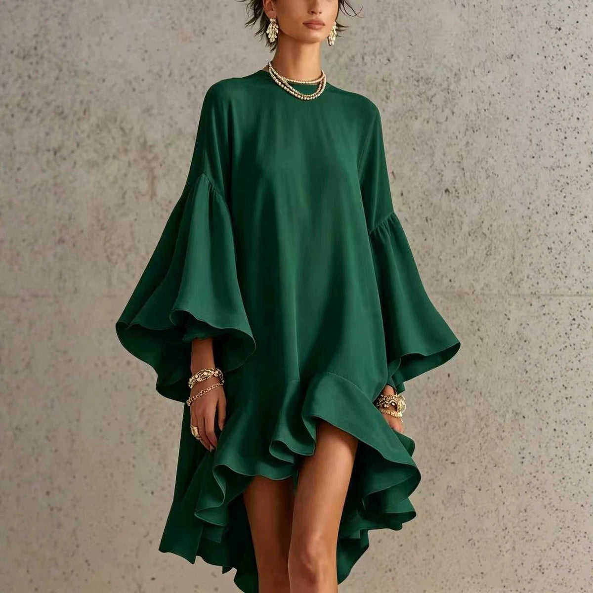 Asymmetrical Round-neck Dress With Puff Sleeves And Ruffled Trim – Premium 0 | RICALOUX