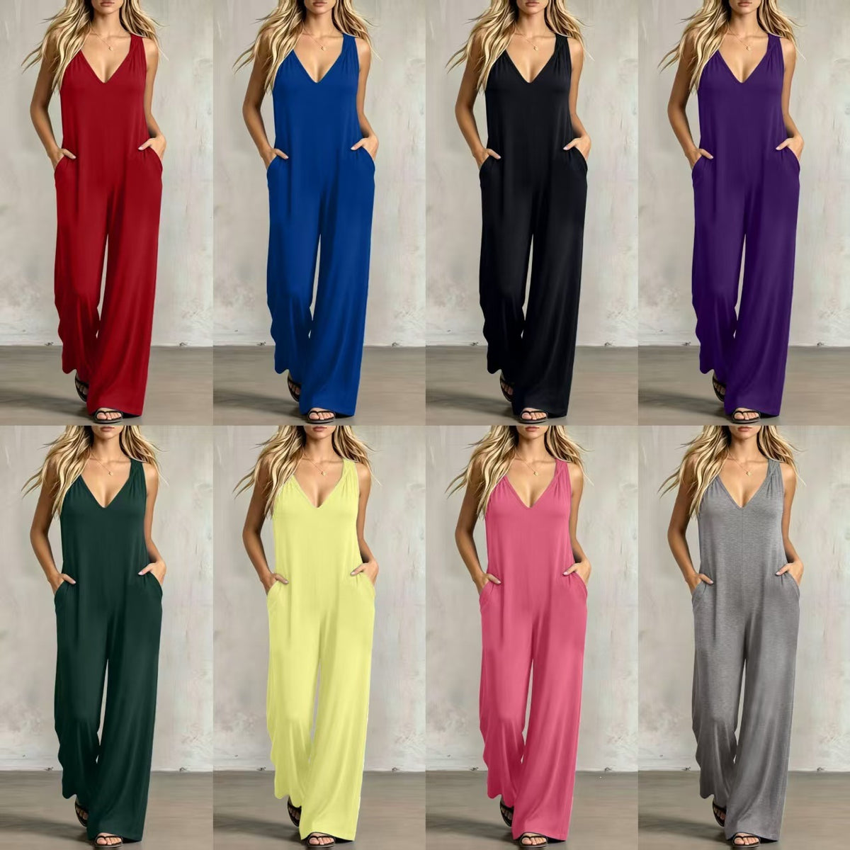 Simple V-neck Pocket Solid-color Hooded Jumpsuit by Ricaloux