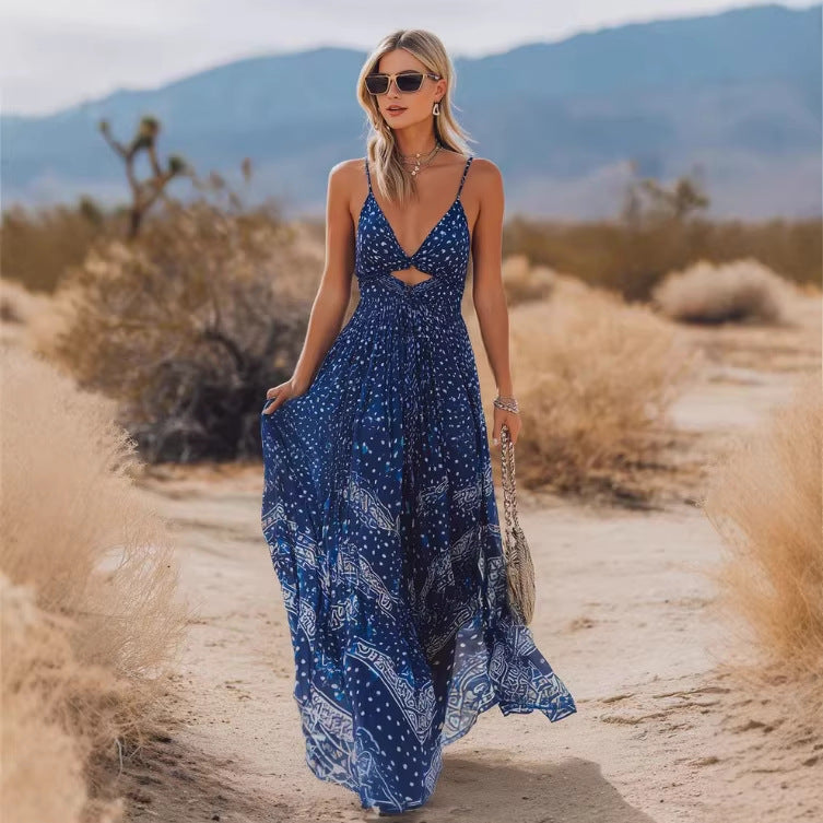 Bohemian-style Flowing Deep-blue Chiffon Maxi Dress With A V-neck And Floral Print by Ricaloux