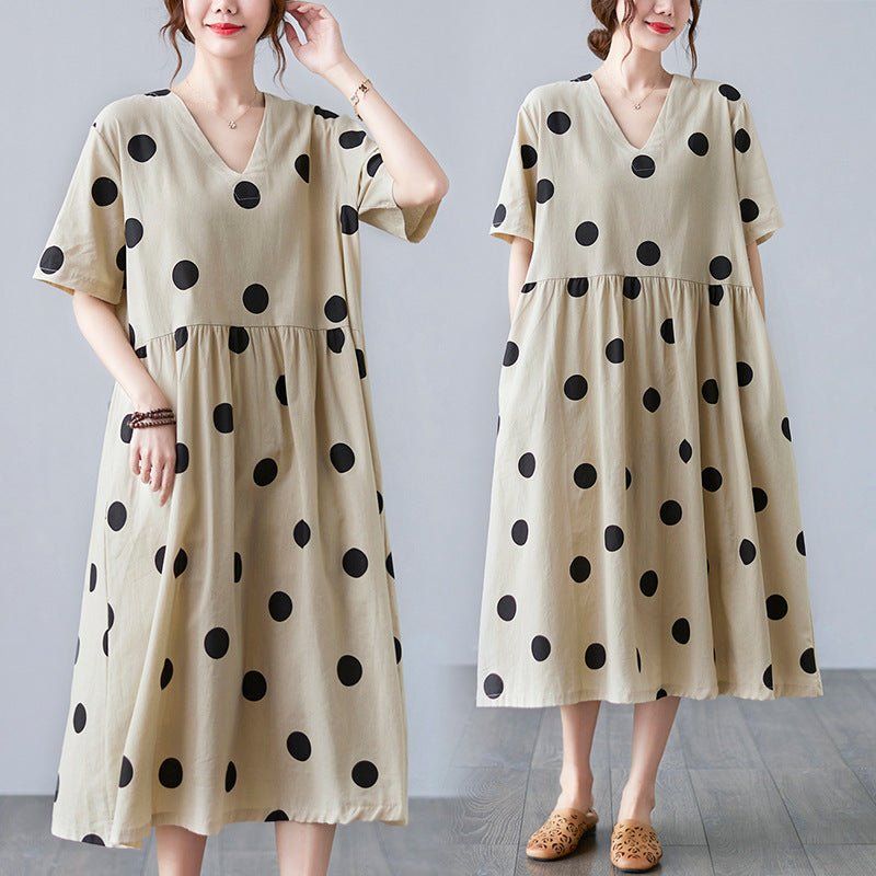 Loose-paneled Cotton And Linen V-neck Short-sleeved Dress - RICALOUX