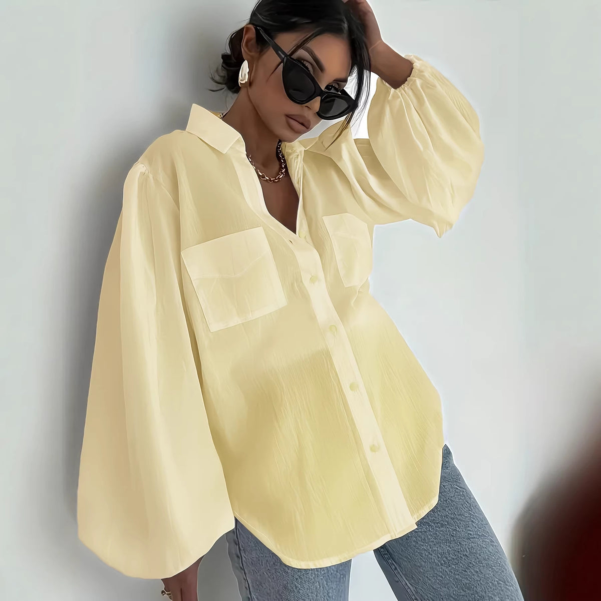 Solid-color Long Sleeves With Double Flap Pockets And A Lapel Collar by Ricaloux