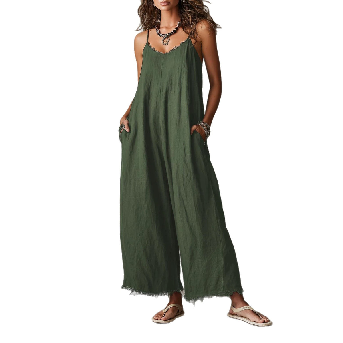 Womens Loose-fitting Solid-color Wide-leg Jumpsuit With Straps by Ricaloux