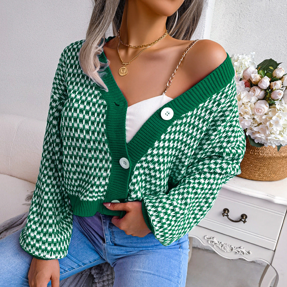 Autumn Winter European And American-style Color-block Plaid Cardigan Sweater With Puff Sleeves – Premium 0 | RICALOUX