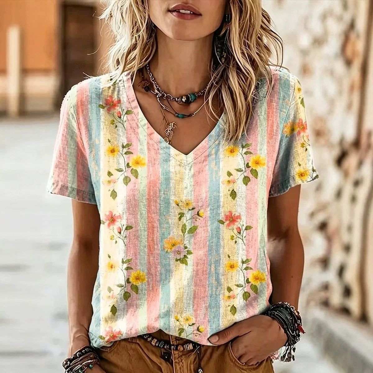 Womens Fashionable Loose-fit Casual V-neck Short-sleeve Top by Ricaloux
