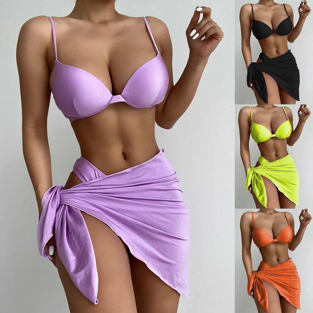 Three-piece Swimsuit European And American-style Solid-color Bikini by Ricaloux